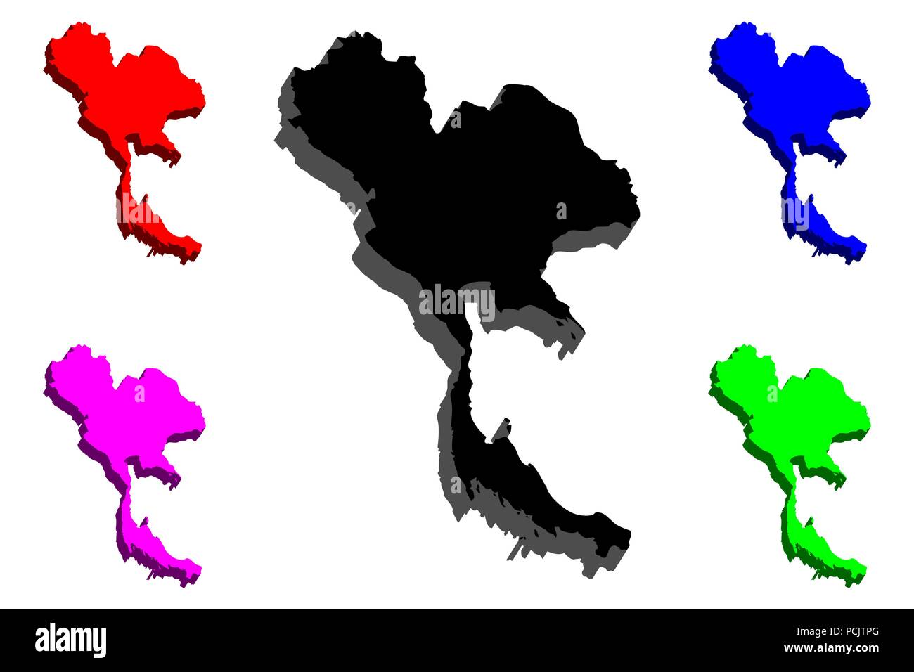 3D map of Thailand (Kingdom of Thailand, Siam) - black, red, purple, blue and green - vector illustration Stock Vector