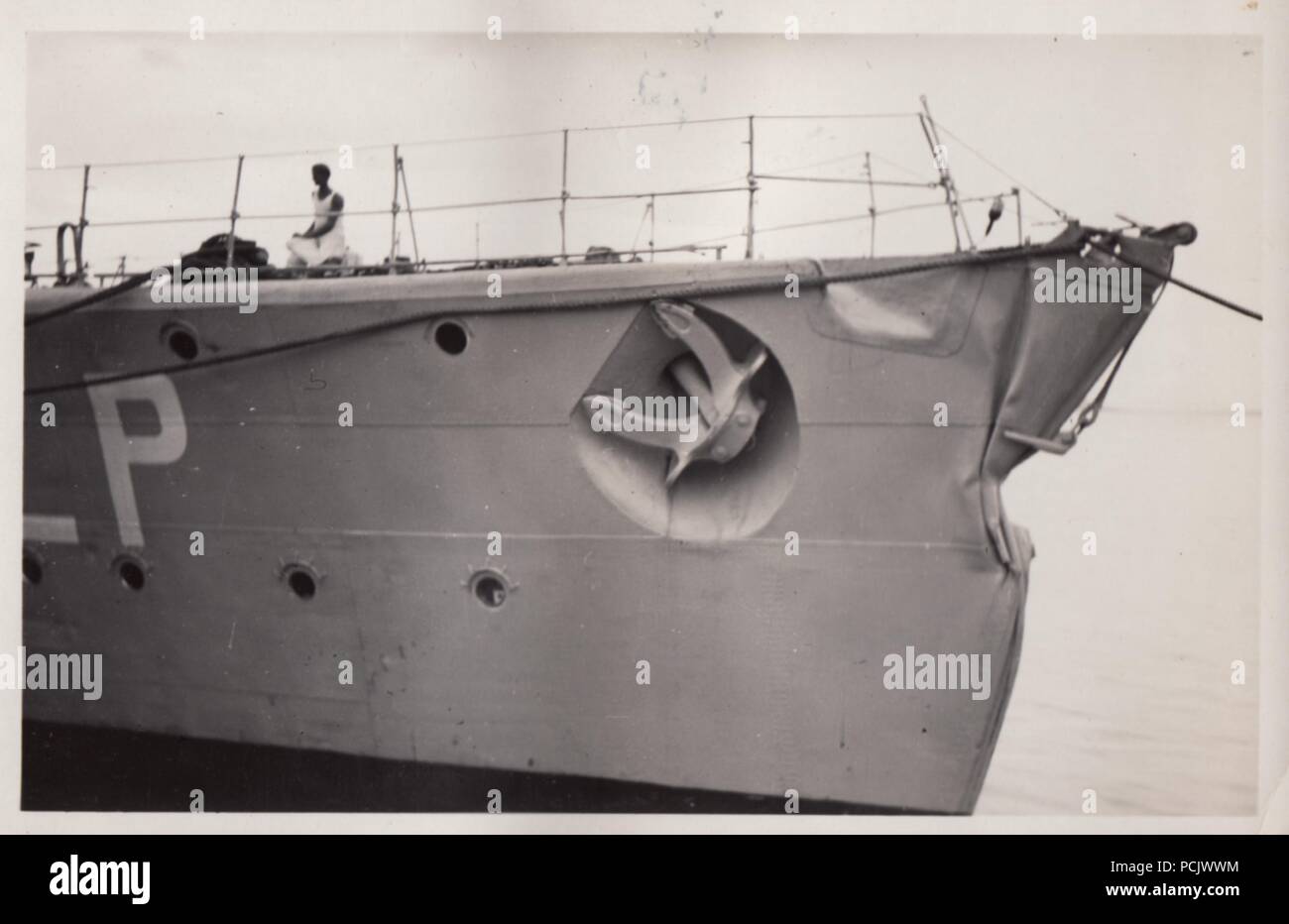 Image from the photo album of Oberfänrich Wilhelm Gaul - The damaged bow of German Torpedo Boat Leopard during the Spanish Civil War. Stock Photo
