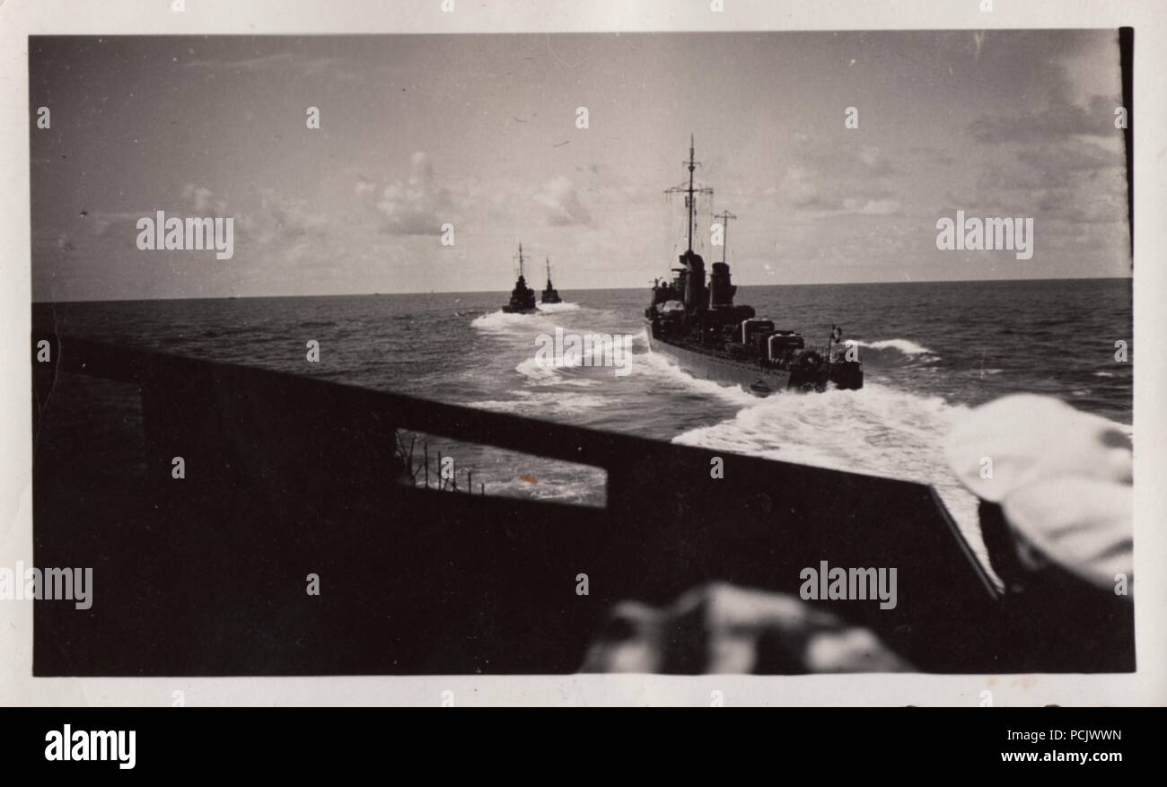 Image from the photo album of Oberfänrich Wilhelm Gaul - The escorting German Torpedo boats to the Admiral Scheer during the Spanish Civil War in 1937: Seeadler, Albatros, Luchs and Leopard. Stock Photo