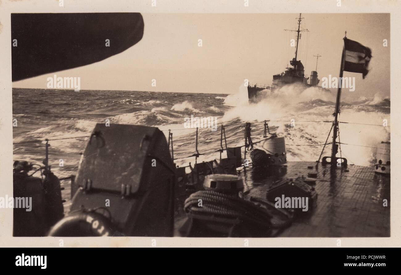 Image from the photo album of Oberfänrich Wilhelm Gaul - Torpedo boats at speed flying the Imperial Flag for Jutland Day 31st May 1937 during the Spanish Civil War. Stock Photo