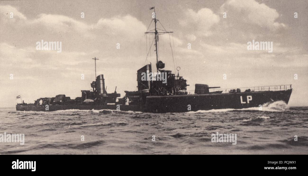 Image from the photo album of Oberfänrich Wilhelm Gaul - German Torpedoboot Leopard (Torpedo Boat Leopard) in 1937, during the Spanish Civil War. She was commissioned 1st June 1929, refitted with 6 x 53.3cm torpedo tubes in 1931, refitted with 3 x 12.7cm guns 1932-33. Leopard had a crew of 120, top speed 34 knots and carried up to 30 mines. She was rammed by the minelayer Preußen and sunk in the Skagerrak 30th April 1940. Stock Photo