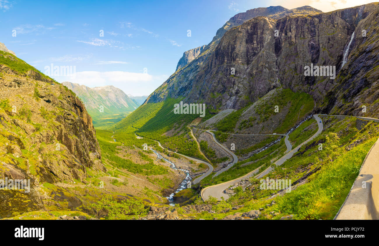 Panoramic view, Trollstigen famous serpentine road mountain road in the Norwegian mountains in Norway Stock Photo