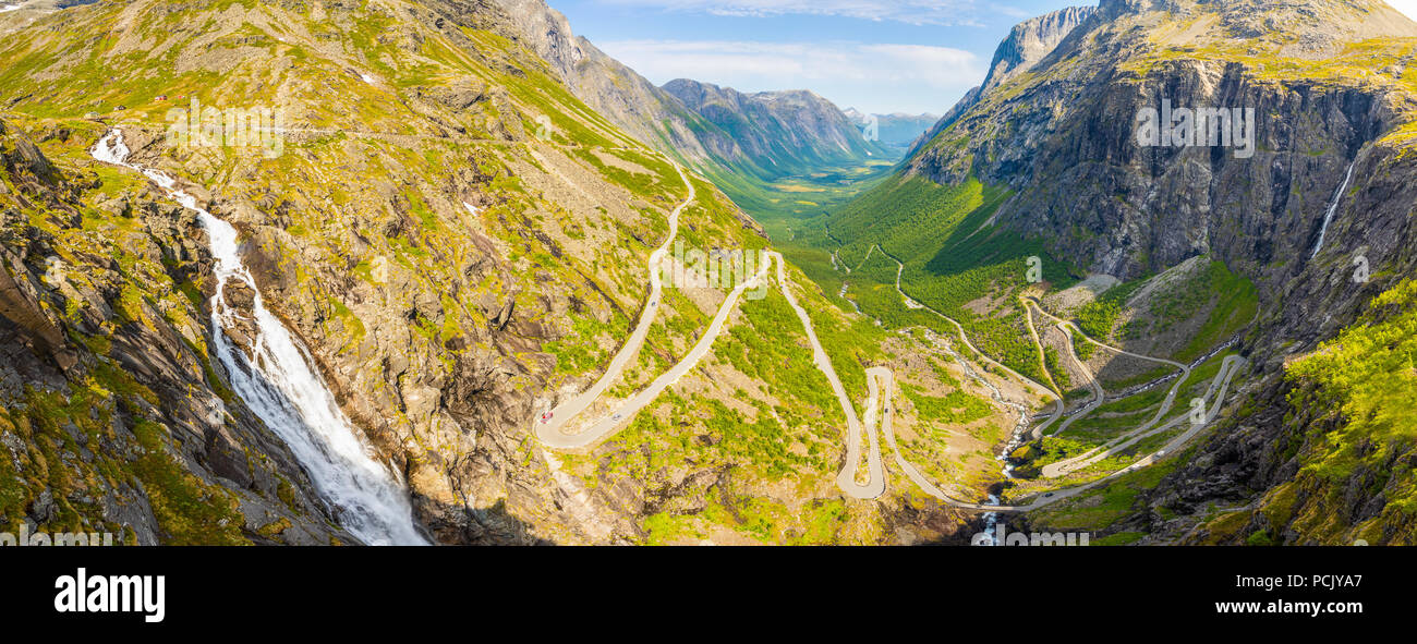 Panoramic view of Trollstigen famous serpentine road mountain road in the Norwegian mountains in Norway Stock Photo