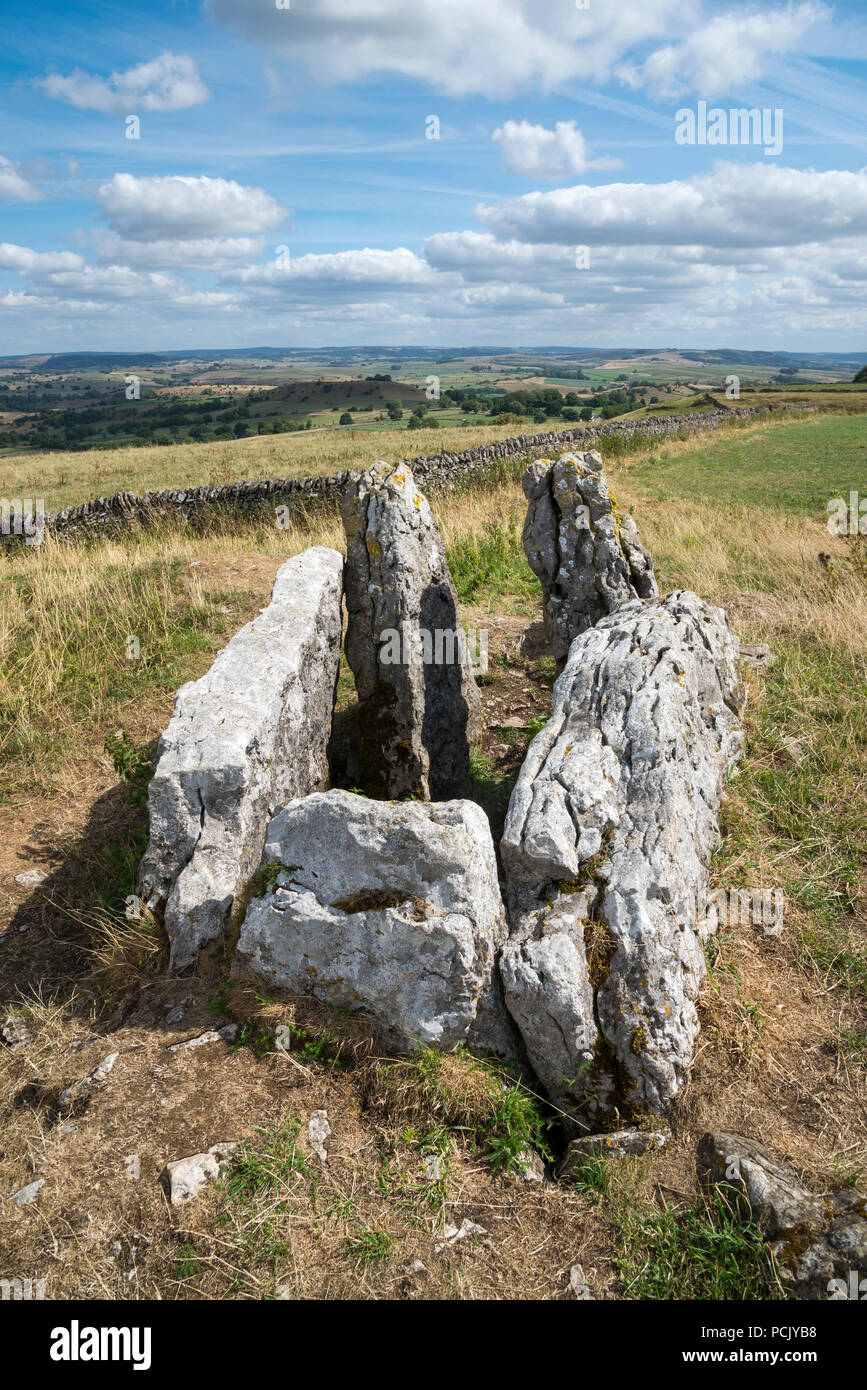 Five wells chambered cairn, Taddington, Derbyshire, England. Remains of a megalithic tomb thought to be the highest example of its kind in Britain. Stock Photo