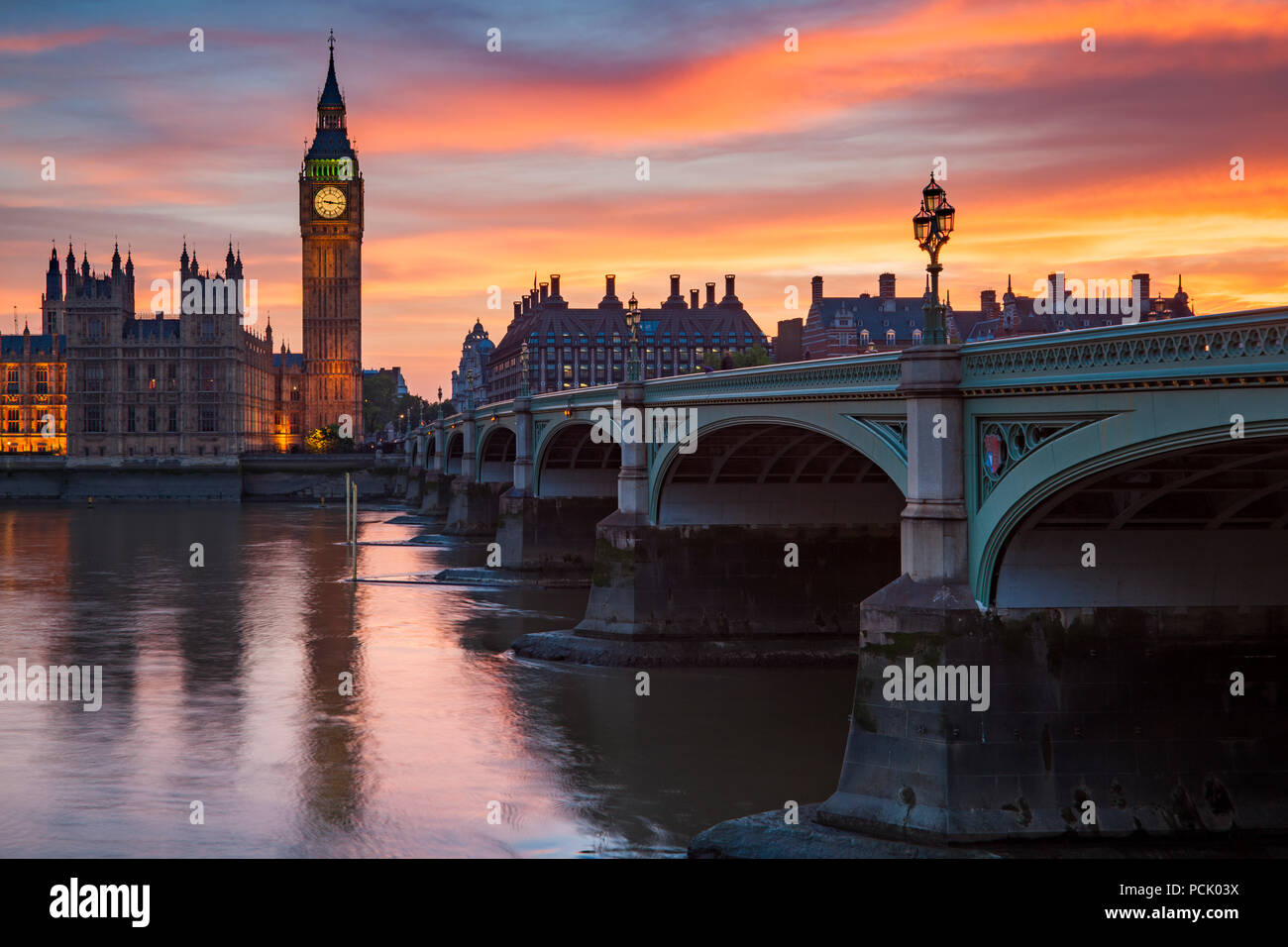 Big Ben, Westminster Bridge and The River Thames, London, England Stock Photo