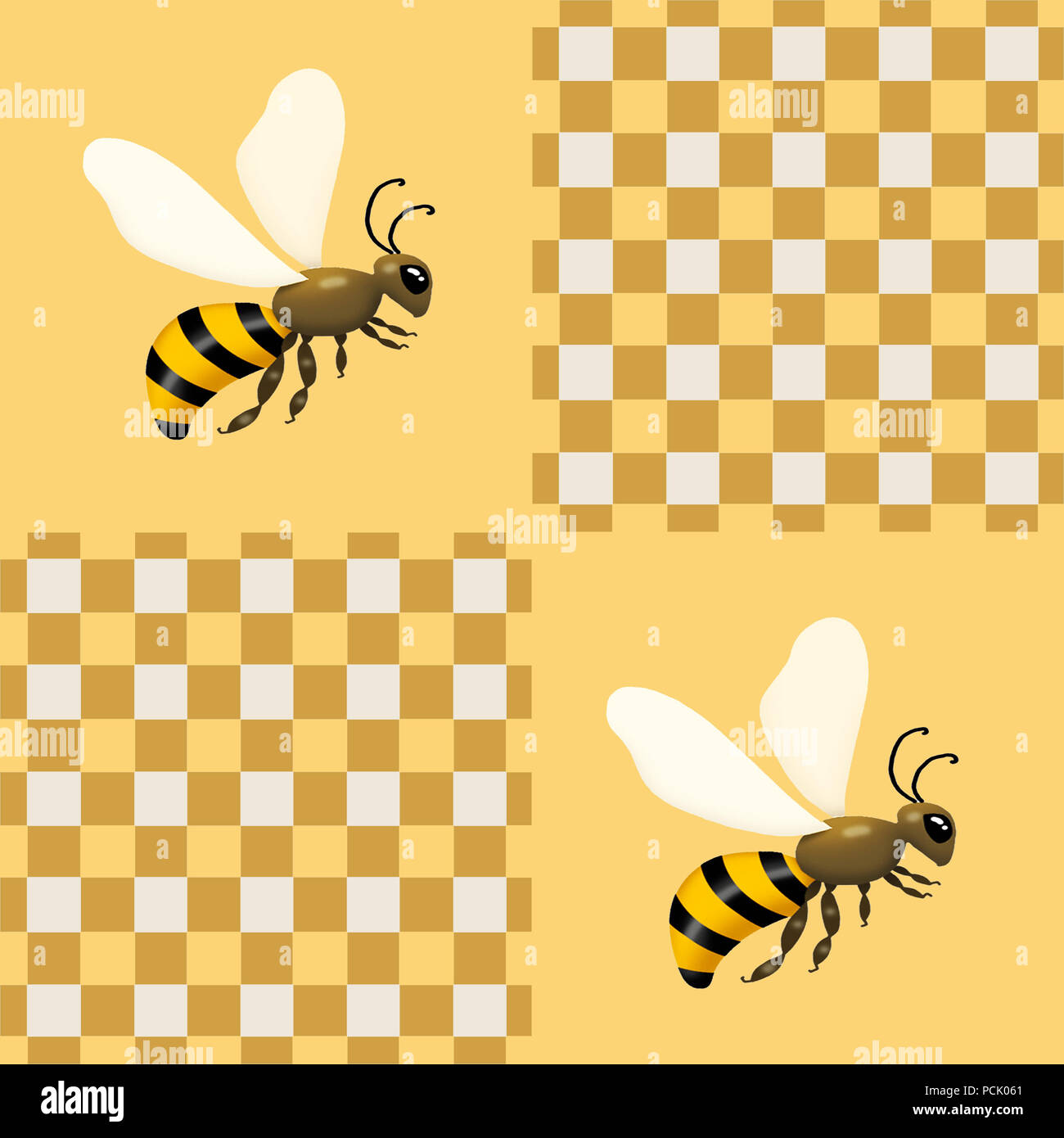 Repeating pattern illustration of honey-type bees on a checkered background. Stock Photo