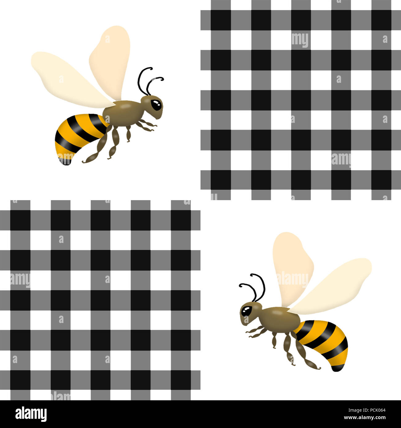 Repeating pattern illustration of honey-type bees on a black and white ...