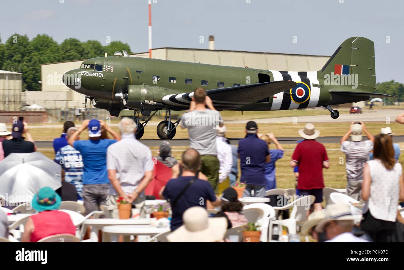 RAF Battle of Britain Memorial Flight C-47 Dakota taking off in front of spectators at the 2018 Royal International Air Tattoo Stock Photo
