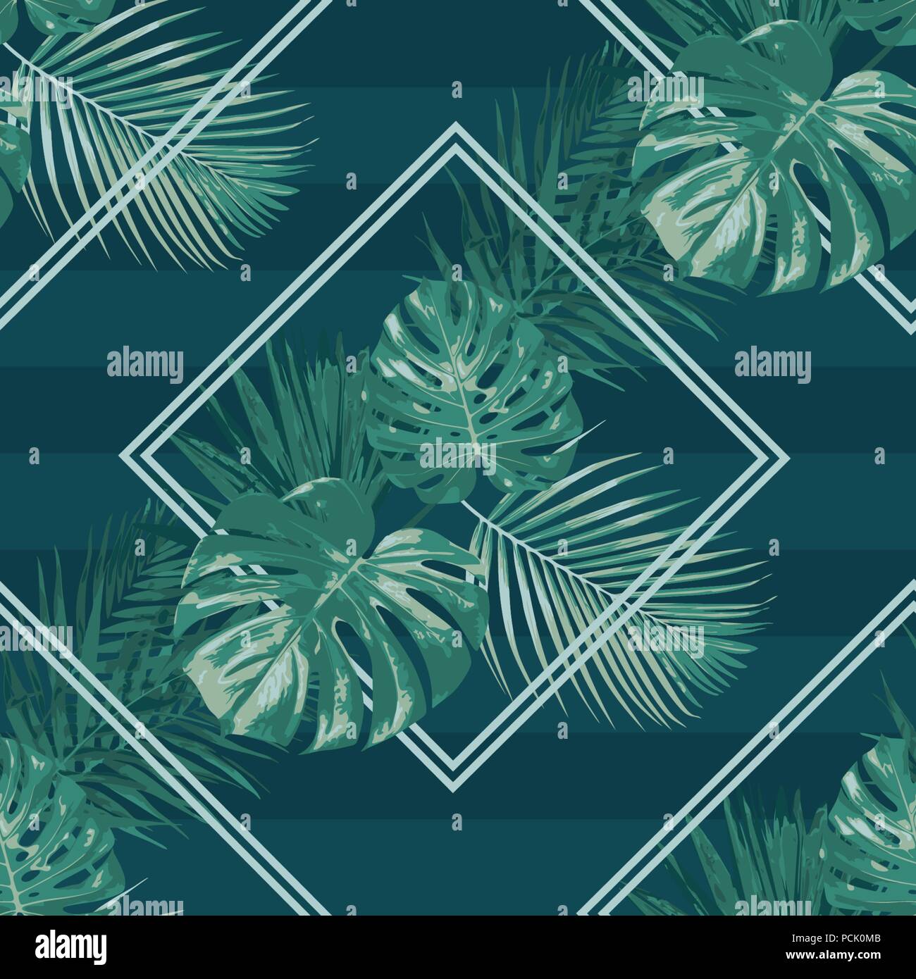 Emerald forest rhombus vector seamless pattern tropical dark background botany green Stock Vector