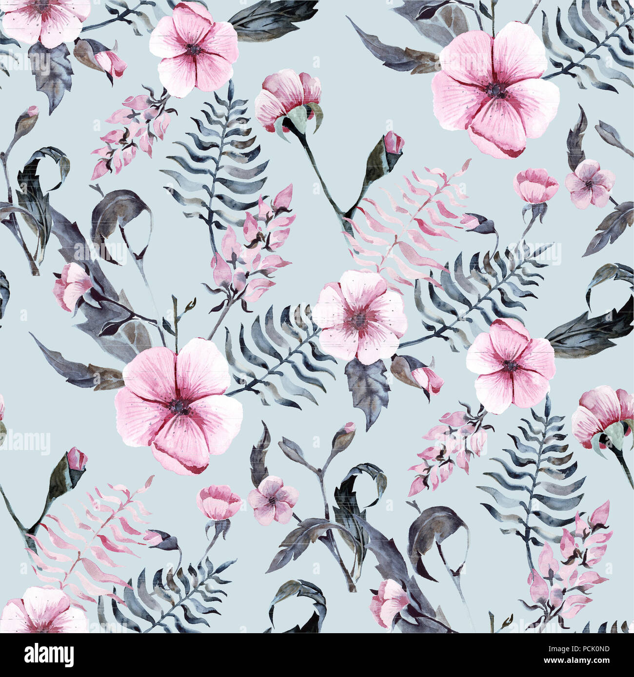 Botany Texture Pink flowers watercolor seamless pattern botany texture blossom rose ...