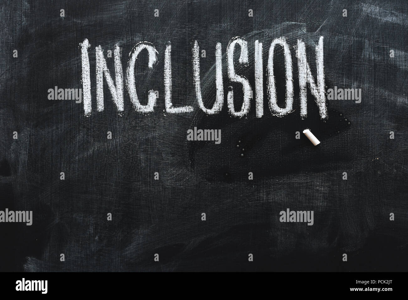 Word Inclusion on school blackboard written with chalk Stock Photo
