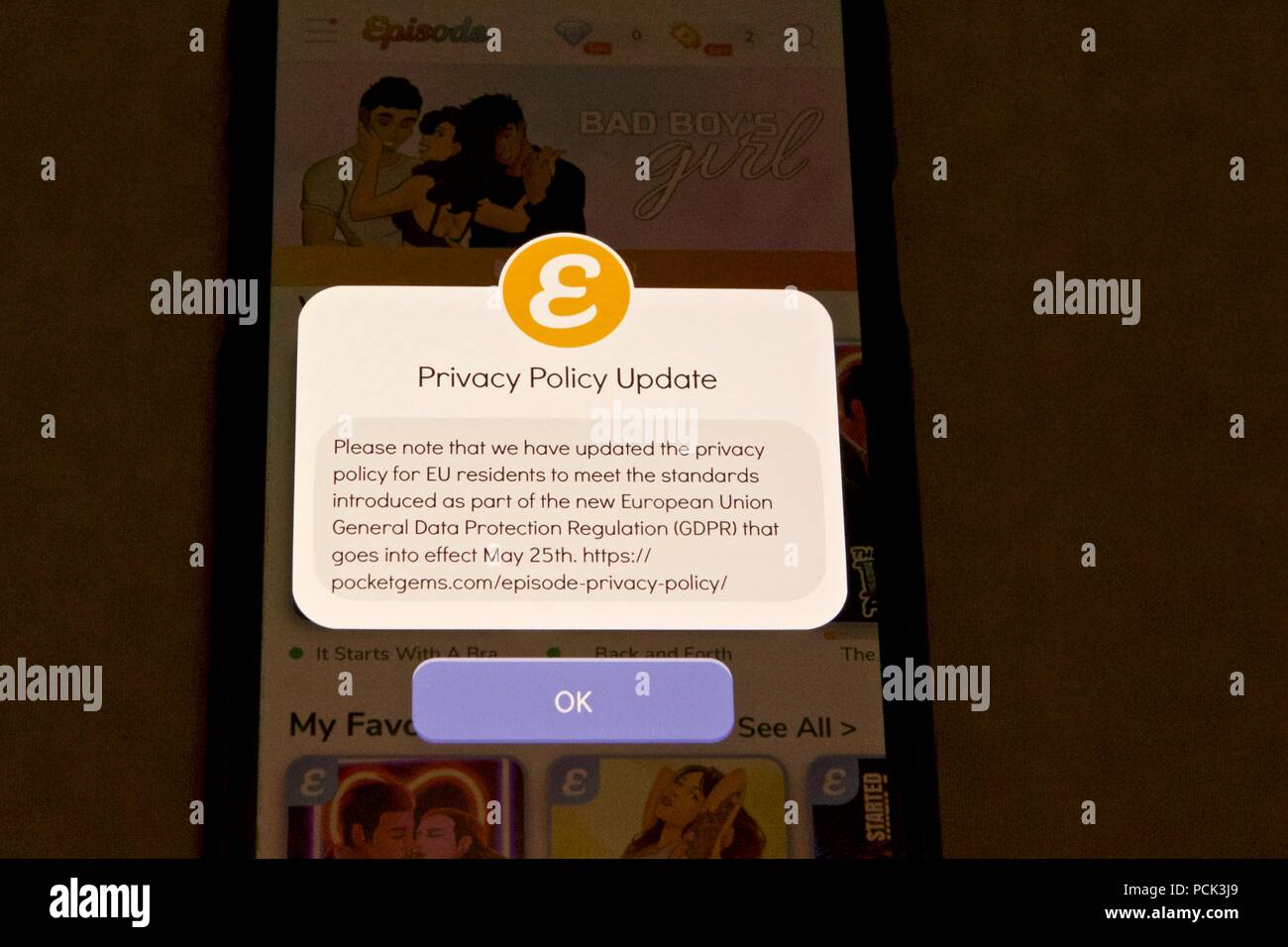 Privacy policy update popup for GDPR in interactive story game Episode - Choose Your Story Stock Photo
