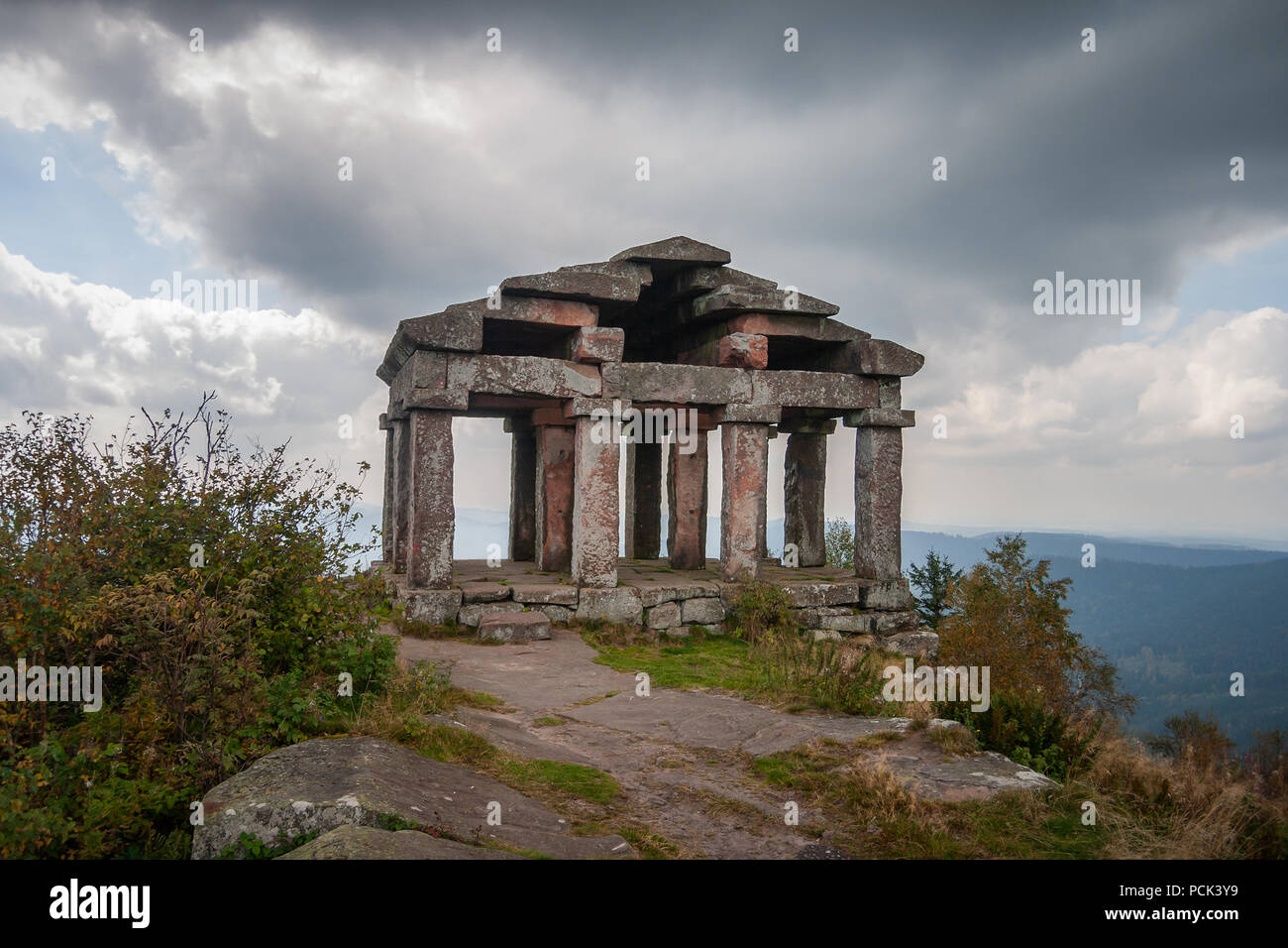Temple of the Donon. Greco-roman classical antiquity architecture style building built in 1869 in the Vosges, Donon summit, Alsace, France. Stock Photo