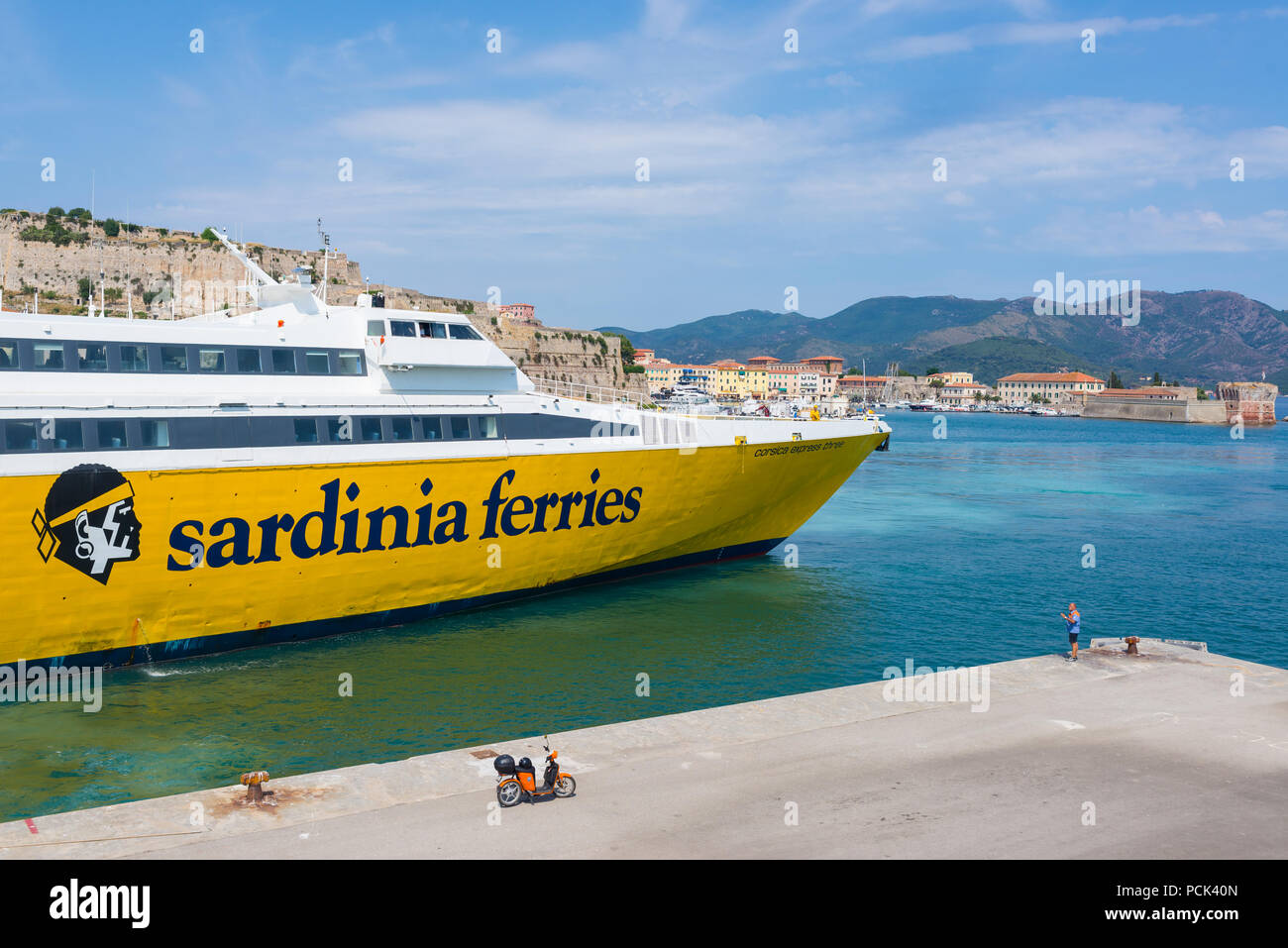 The Corsica ferries fast passenger ferry arrives at Portoferraio harbour, Elba island, Tuscany, Italy Stock Photo