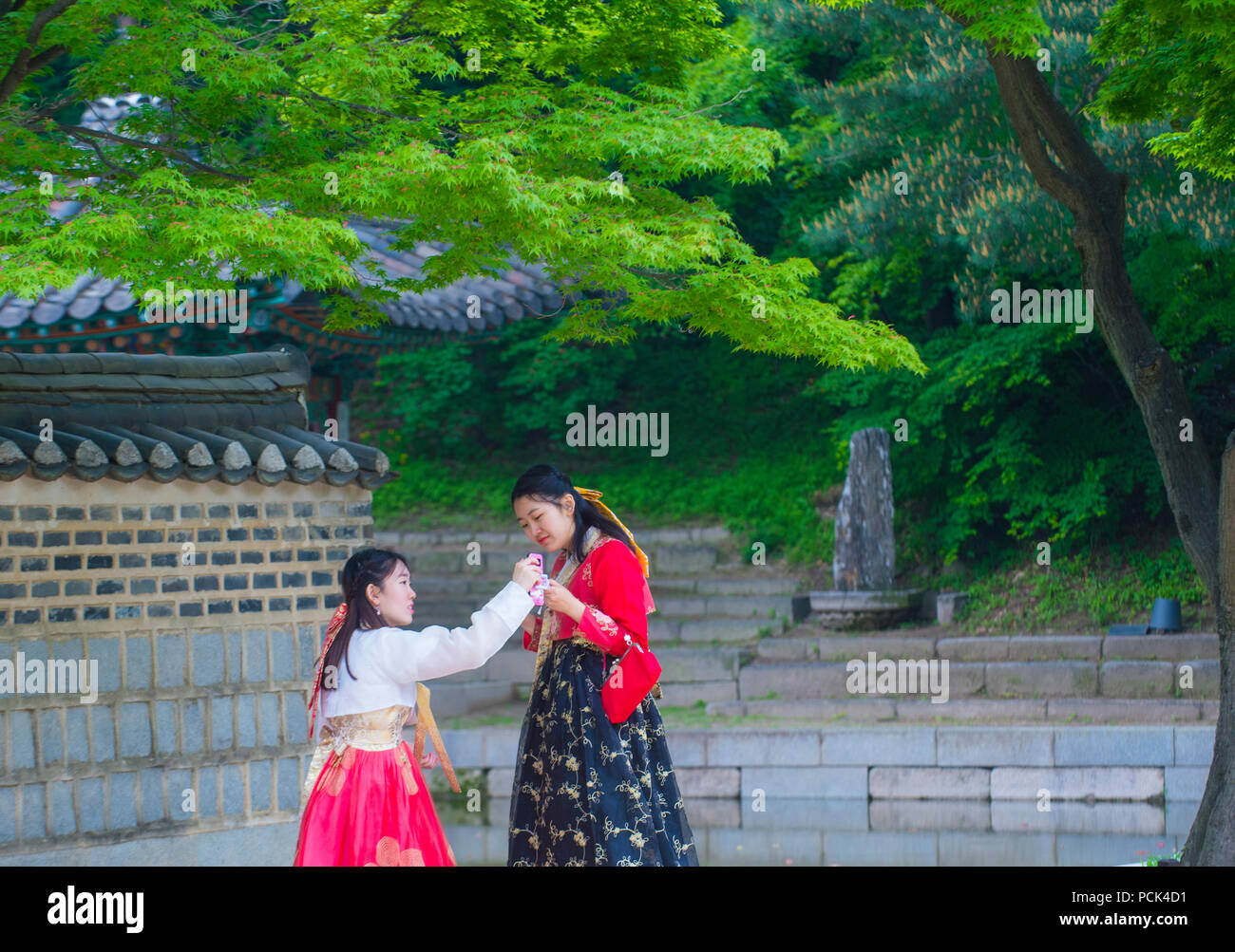 Korean women wearing Hanbok dress in Seoul Korea Stock Photo