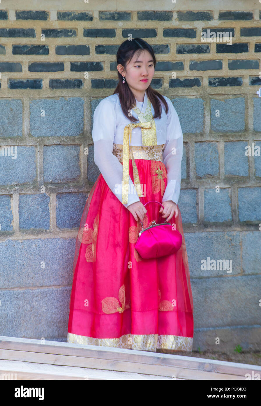Korean woman wearing Hanbok dress in Seoul Korea Stock Photo