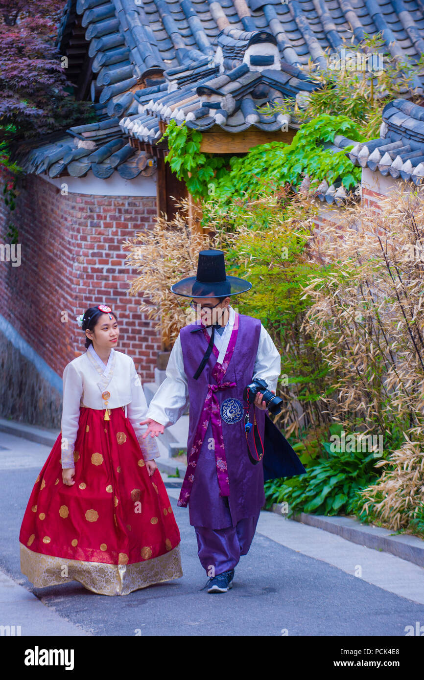 Korean couple wearing Hanbok dress in Seoul Korea Stock Photo