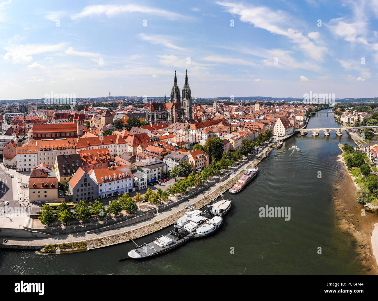 Aerial photography of Regensburg city, Germany. Danube river, architecture, Regensburg Cathedral and Stone Bridge Stock Photo