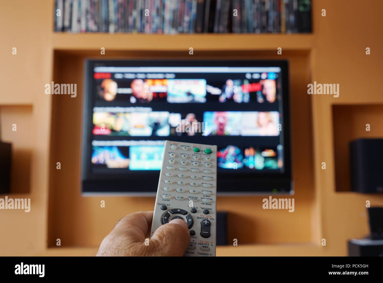 Montreal, Canada, August 1, 2018.Close-up of a tv remote in front of a  television screen.Credit Mario Beauregard/Alamy Live News Stock Photo -  Alamy