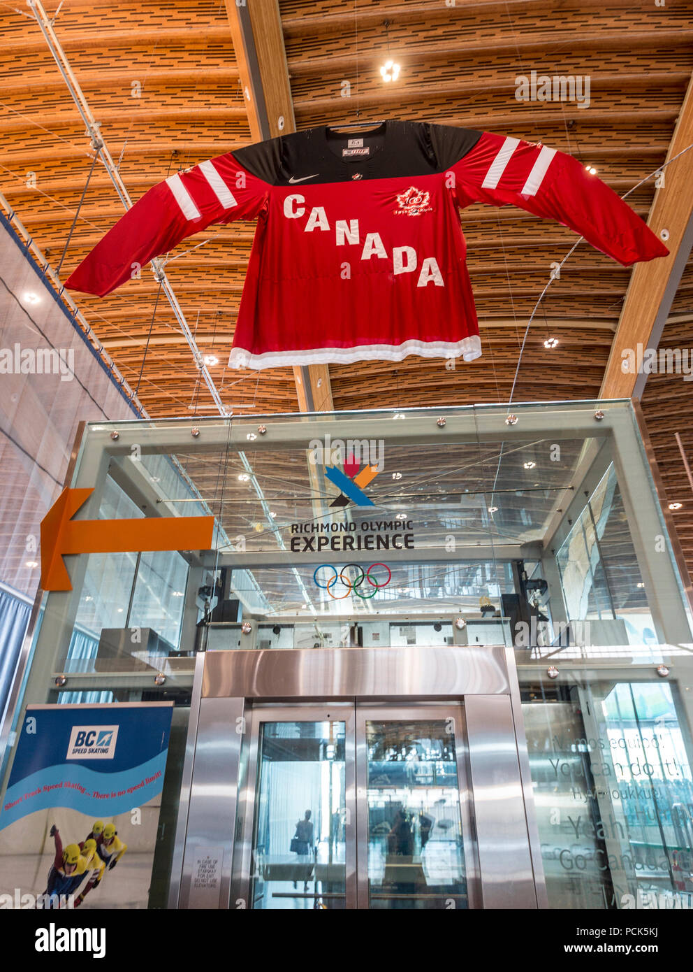 The Richmond Olympic Oval, an athletic center originally built for the 2010 Winter Olympics. Today it has a gym, complete with climbing wall and the Olympic Experience, a museum with Olympic memorabilia and interactive rides for folks who want to try feeling like an Olympic athlete. Stock Photo