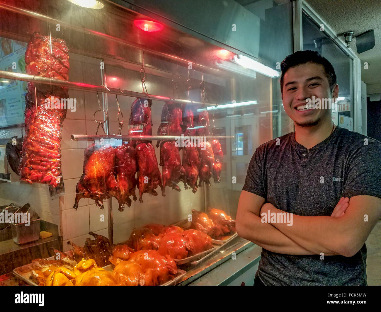 The best BBQ in British Columbia, Canada ... in Richmond, BC. HK BBQ Master in rhe capable hands of Anson Leung. Located under the local Superstore. Stock Photo