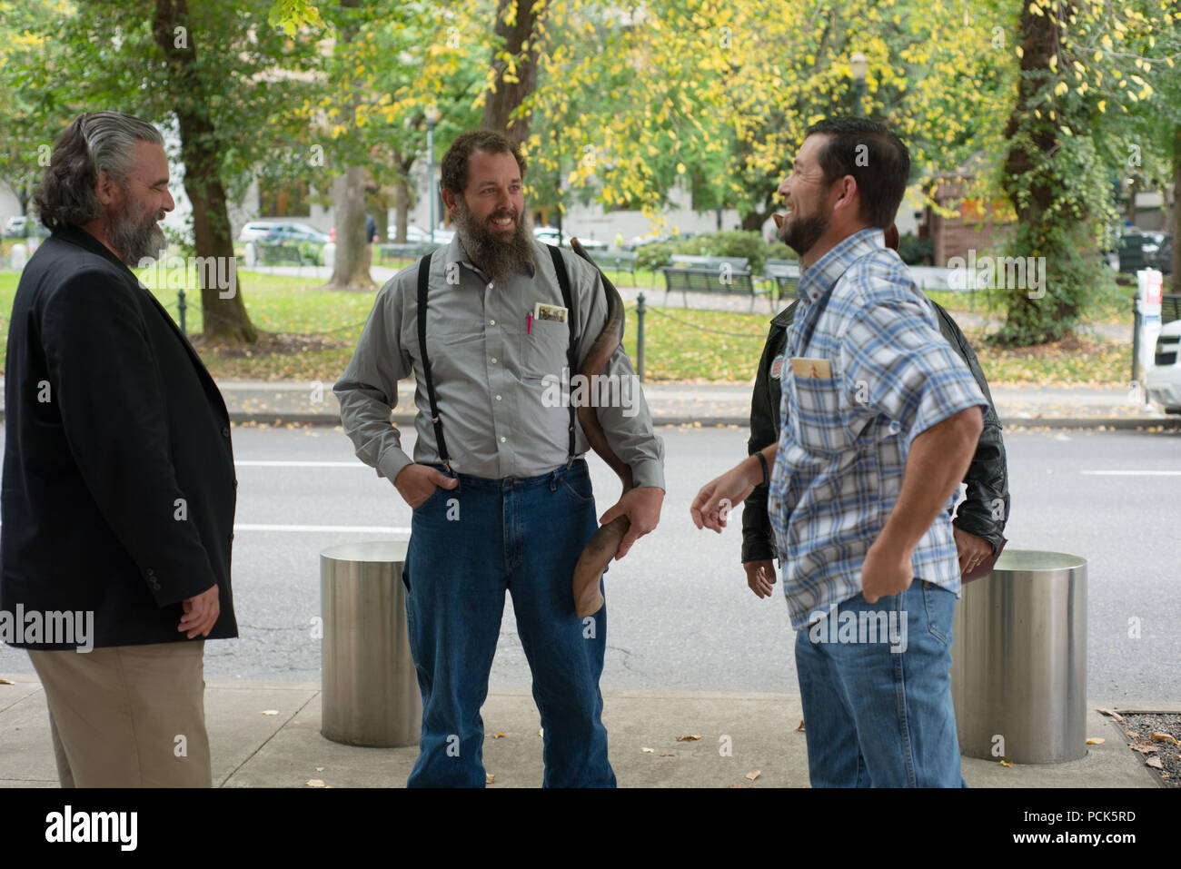 Jason Patrick, defendant in the February 14th, 2017 trial outside the courthouse with John Lamb and other supportive protesters. Stock Photo