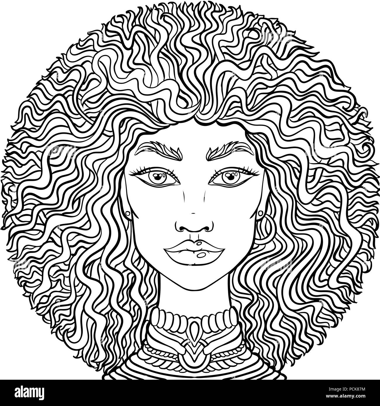 Hand drawn doodle girlss face on white background. Womens portrait for adult coloring book. Stock Vector