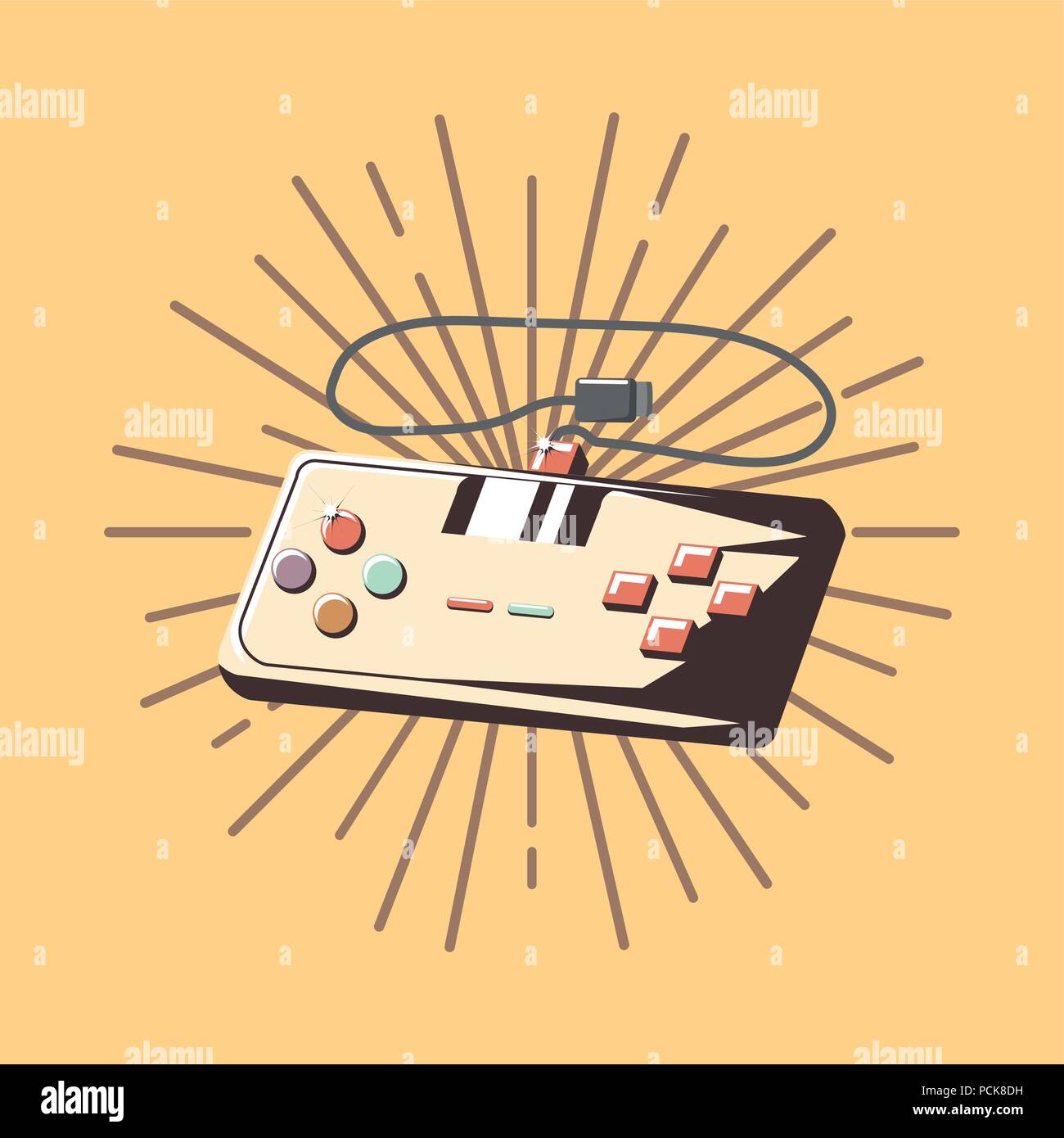 videogame gamepad  with decorative sunburst over yellow background, colorful design. vector illustration Stock Vector