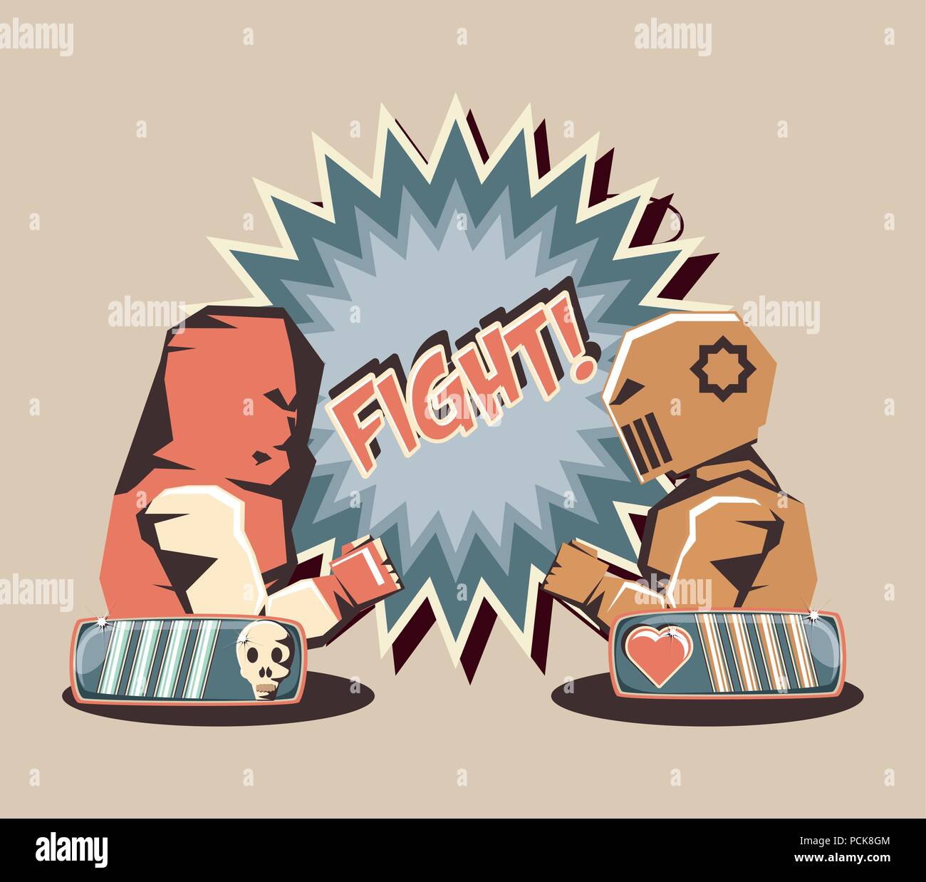 retro videogame design with boxer and robot character icon over white ...