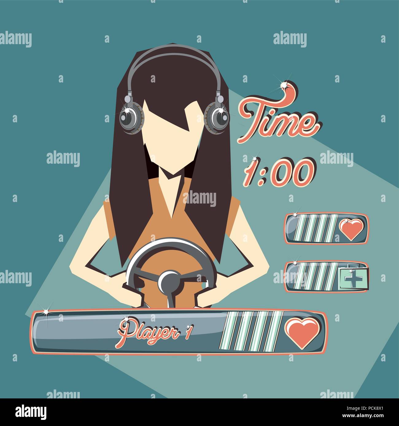 retro videogames design with avatar woman with headphones and playing ...