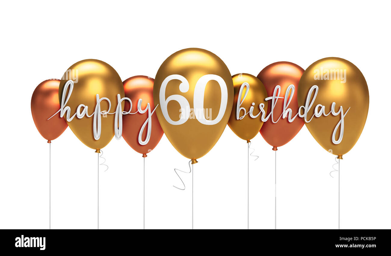 Happy 60th birthday gold balloon greeting background. 3D Rendering Stock  Photo - Alamy