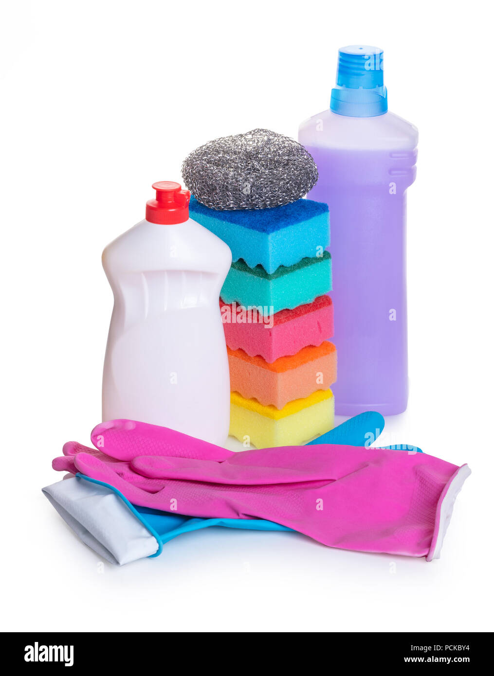 sponges for washing utensils and detergents on white isolated