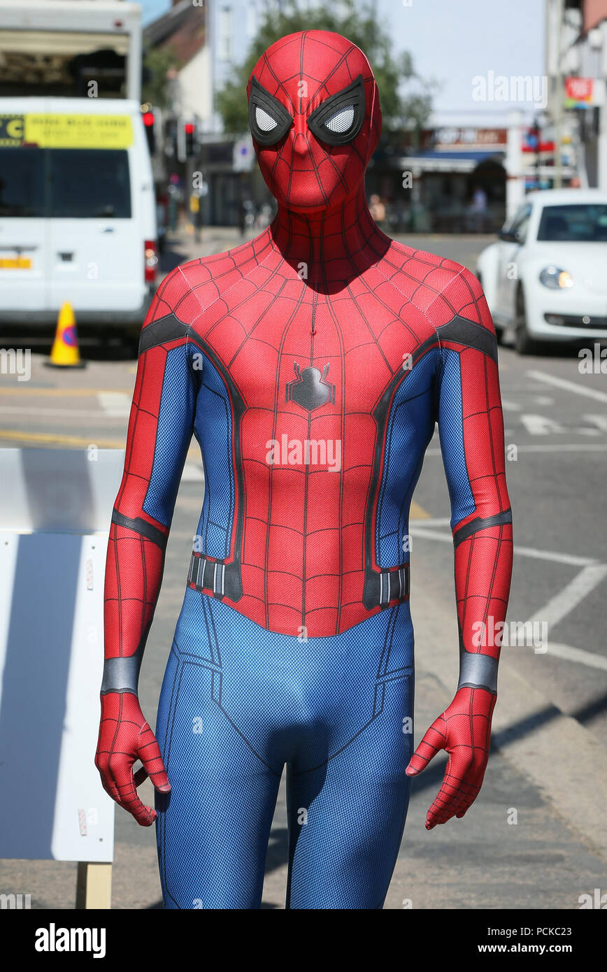 Huge crowd turned out to see Tom Holland filming for the new 'Spider Man,  Far From Home ' in Bishop Stortford. Tom Holland waved to the crowd as he  arrived at the