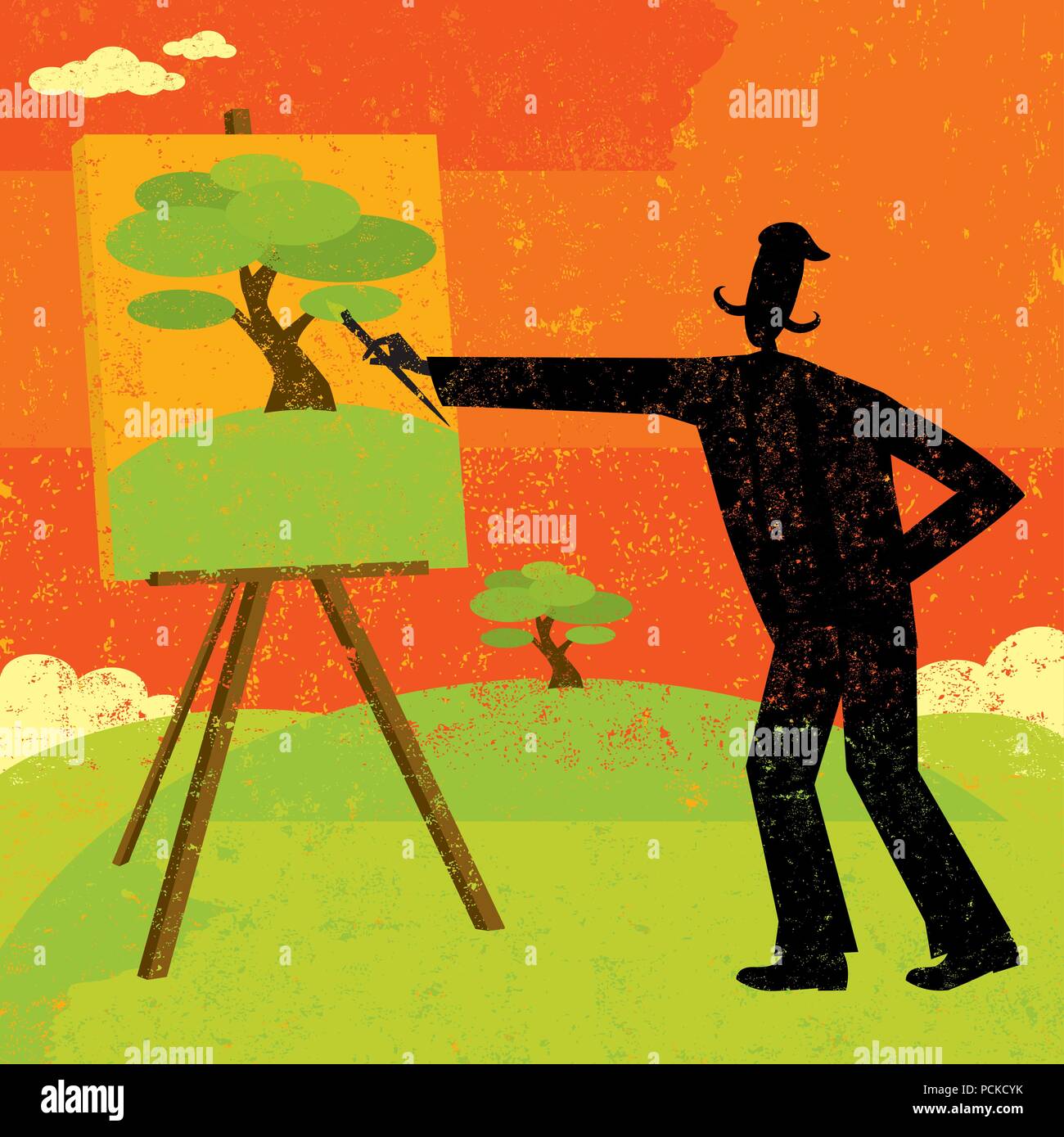 Artist Painting An artist painting a landscape with a large tree. The artist & painting and the background are on separately labeled layers. Stock Vector