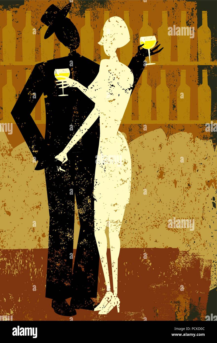 Couple drinking wine A man and woman drinking wine together over an abstract background. Stock Vector