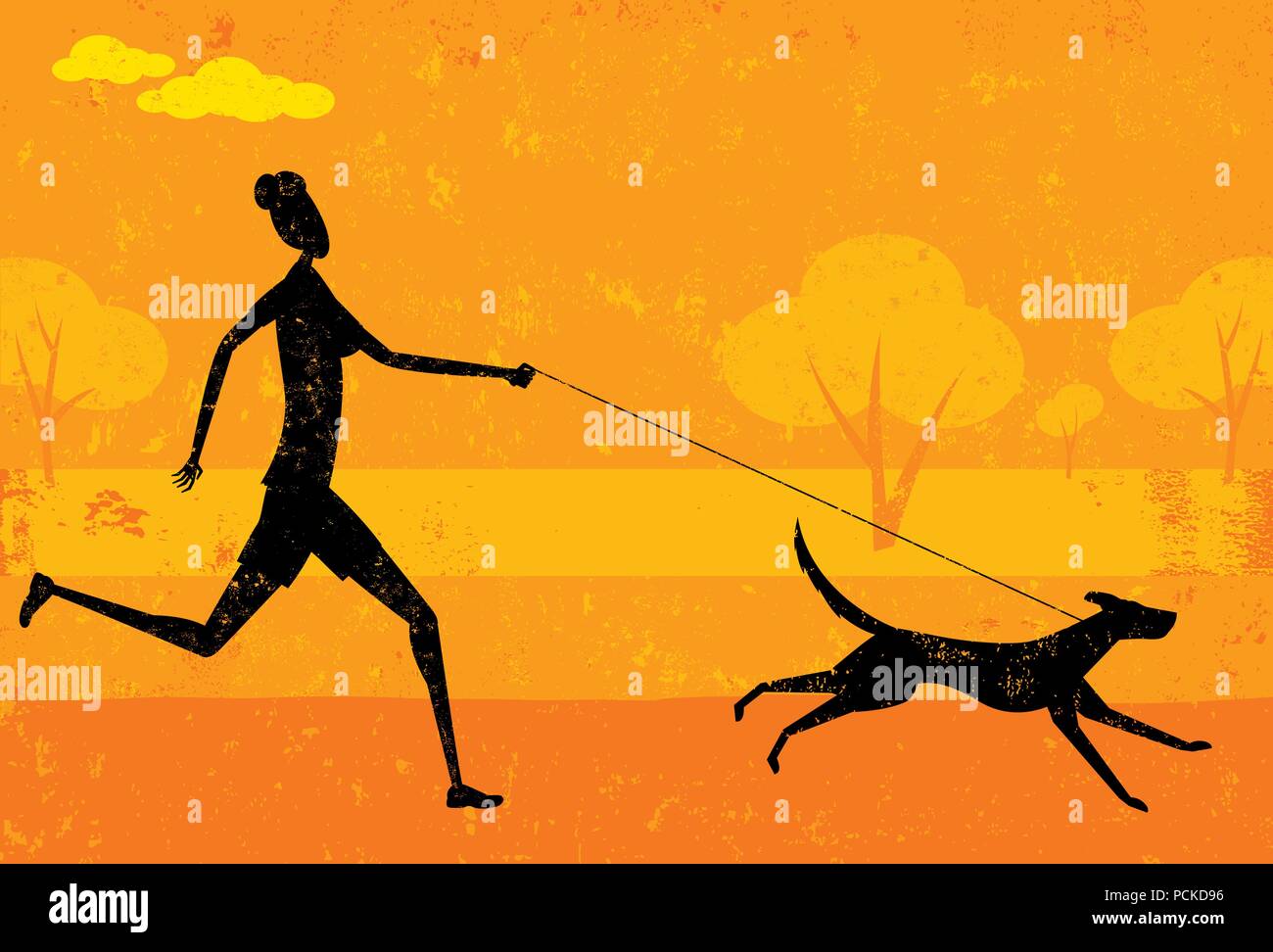 Running with dog A woman running with her dog over an abstract park background. The woman & dog and background are on separate labeled layers. Stock Vector