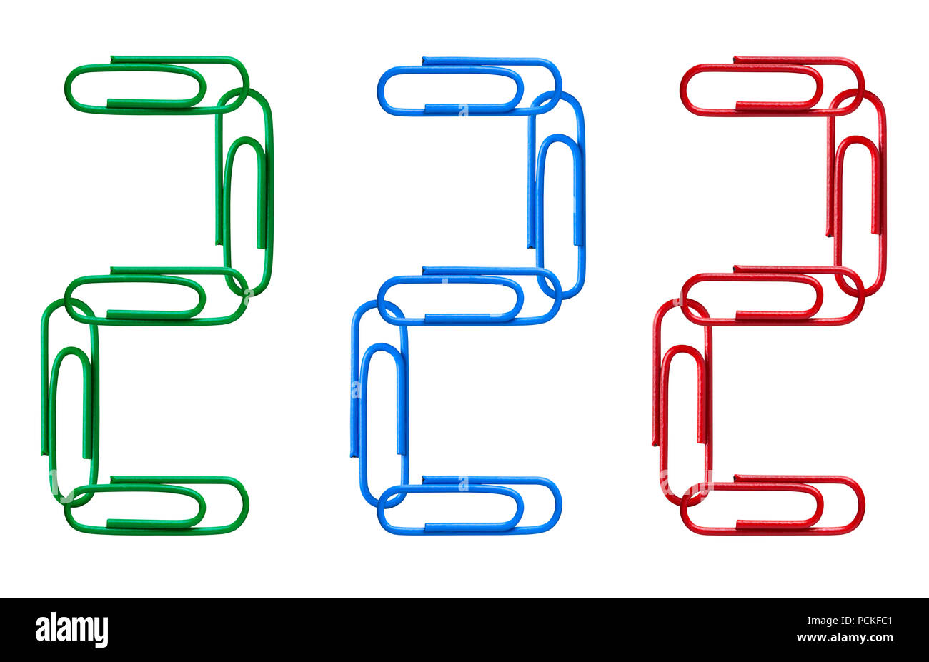 Multi-colored figures from paper clips isolated on white background. Number two. Stock Photo