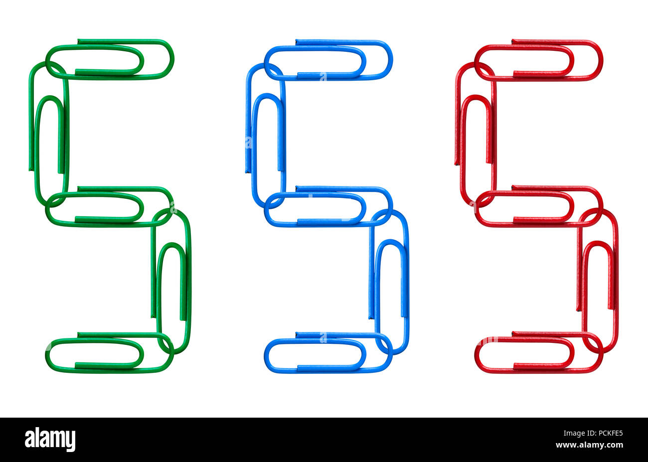Multi-colored figures from paper clips isolated on white background. Number five. Stock Photo