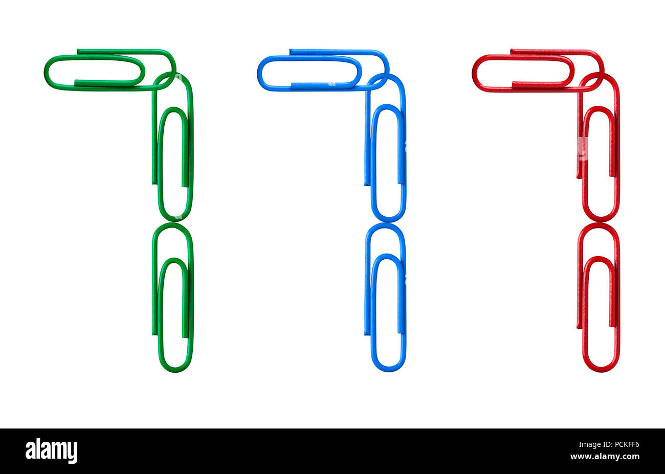 Multi-colored figures from paper clips isolated on white background. Number seven. Stock Photo