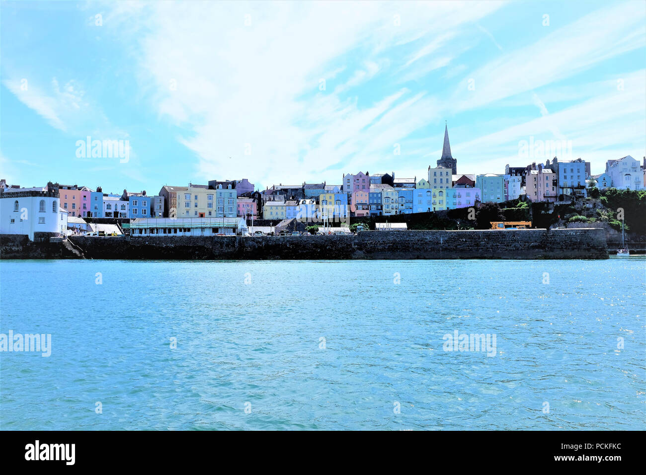 Tenby, Pembrokeshire, South Wales, UK. July 24, 2018.  The colorful and varied architecture taken from the sea of Tenby in South Wales, UK. Stock Photo