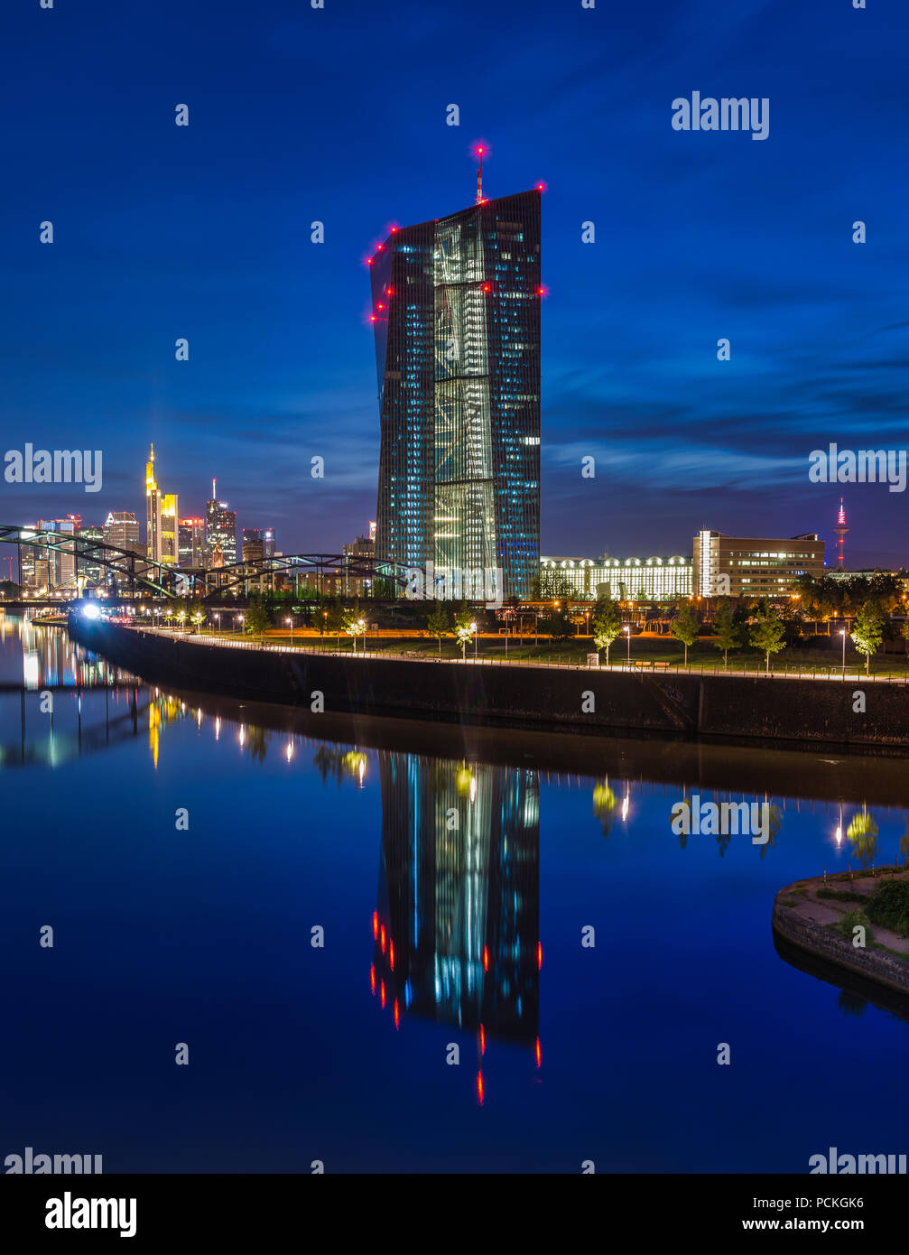 European Central Bank, ECB, at night in front of the illuminated skyline, Osthafenbrücke, Frankfurt am Main, Hesse, Germany Stock Photo