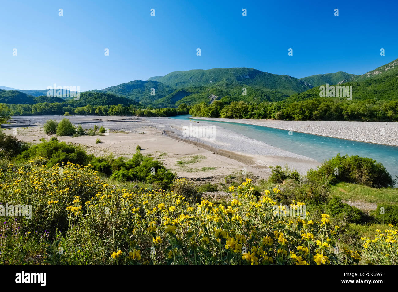River Vjosa, Estuary of Sarandaporos, borderland to Greece, Qar Gjirokastra, Gjirokastër, Albania Stock Photo