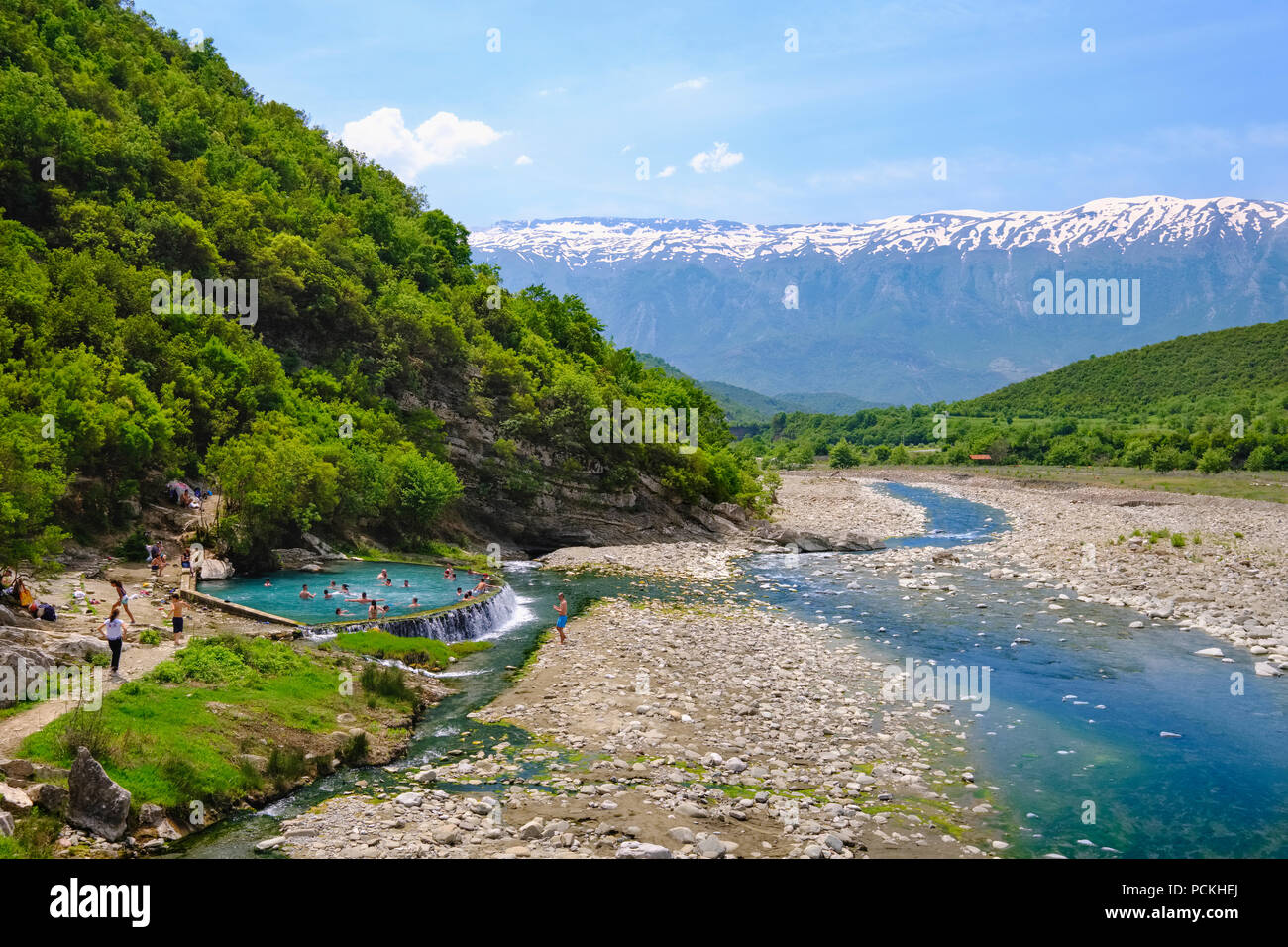 Thermal springs of Benjë, River Lengarica, Lengaricë, near Përmet, National Park Hotova-Dangell Stock Photo