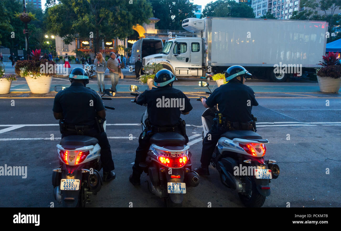 NYC police on scooters union square Stock Photo