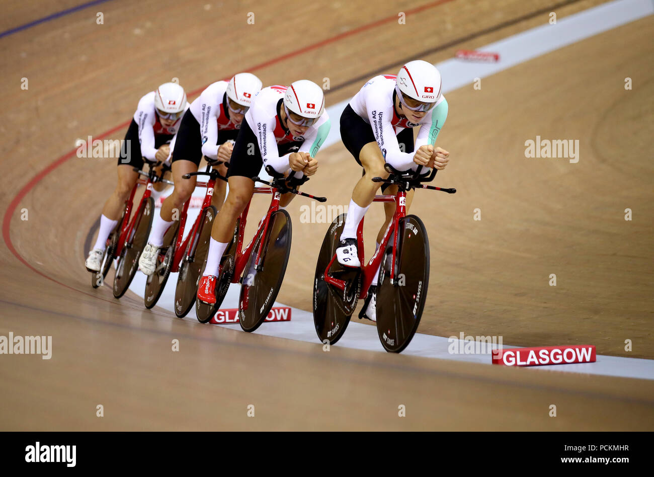 Switzerland Men Team Pursuit led by Frank Pasche in qualifying during day one of the 2018 European Championships at the Sir Chris Hoy Velodrome, Glasgow. PRESS ASSOCIATION Photo. Picture date: Thursday August 2, 2018. See PA story SPORT European. Photo credit should read: John Walton/PA Wire. during day one of the 2018 European Championships at the Sir Chris Hoy Velodrome, Glasgow. PRESS ASSOCIATION Photo. Picture date: Thursday August 2, 2018. See PA story SPORT European. Photo credit should read: John Walton/PA Wire. Stock Photo