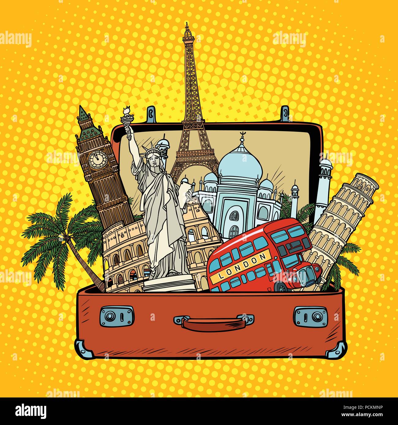 Suitcase with world landmarks.Tourism and travel concept Stock Vector