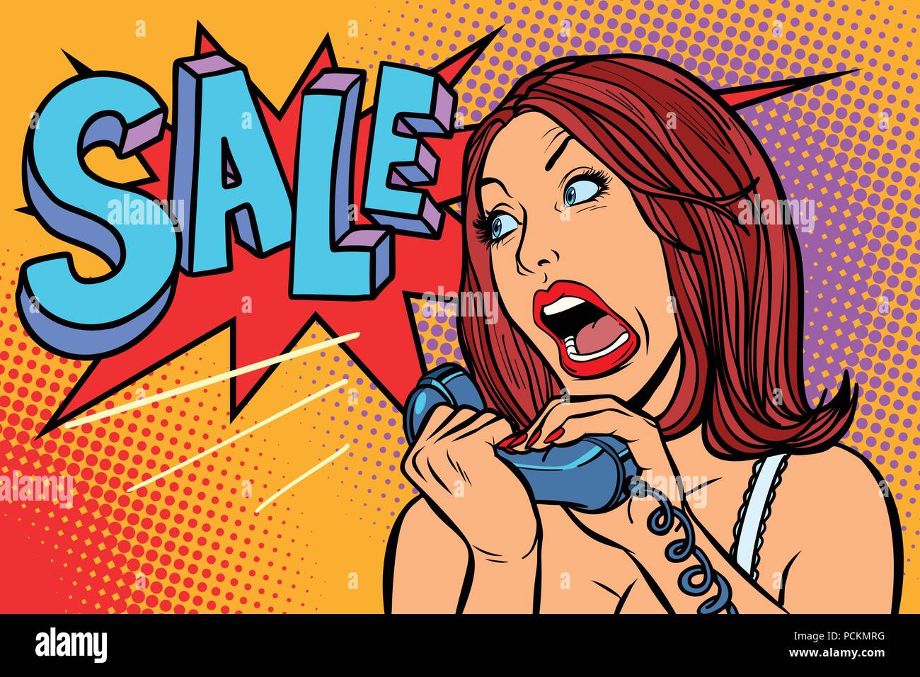 Sale discounts. Woman screams in phone Stock Vector