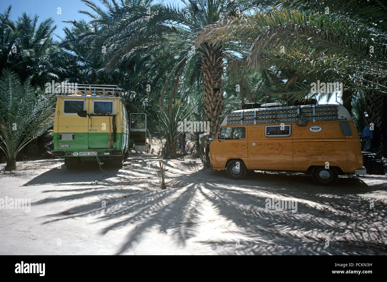Camper vans in Tozeur oasis, Sahara desert, South Tunisia Stock Photo -  Alamy