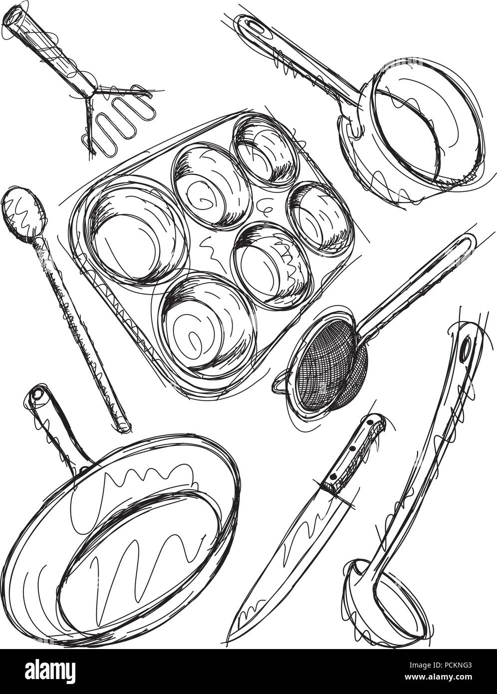 Utensils Kitchen Cooking Metal Chef Equipment Sketch Style Collection  Frying Pan And Saucepan Knife And Fork Spoon And Bowl Hand Drawn Home And  Restaurant Kitchenware Vector Isolated Set Stock Illustration - Download