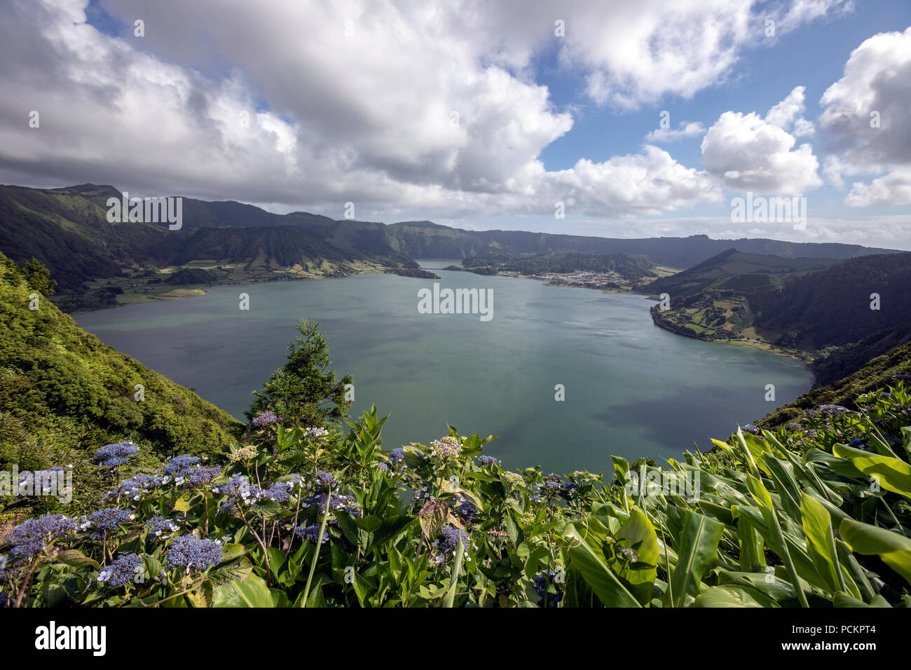 Lagoa Azul from Miradouro da Cumeeira; Sete Cidades, Sao Miguel island, Azores, Portugal Stock Photo
